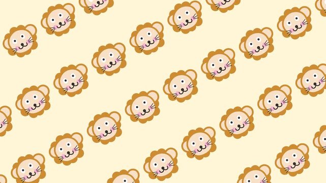 Seamless pattern with adorable lion faces cartoon on repeating background animation. Flat design cute animal wallpaper for nursery and kids' banner video element concept. Animal character backdrop.