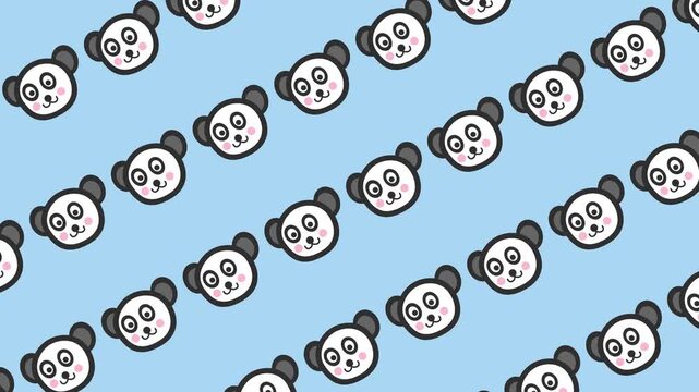 Seamless pattern with adorable panda faces cartoon on repeating background animation. Flat design cute animal wallpaper for nursery and kids' banner video element concept. Animal character backdrop.