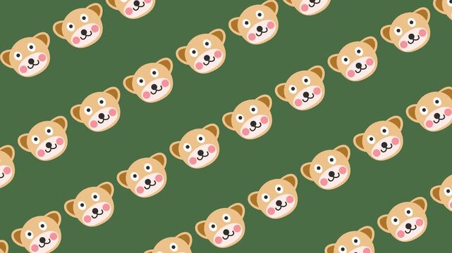 Seamless pattern with adorable bear faces cartoon on repeating background animation. Flat design cute animal wallpaper for nursery and kids' banner video element concept. Animal character backdrop.