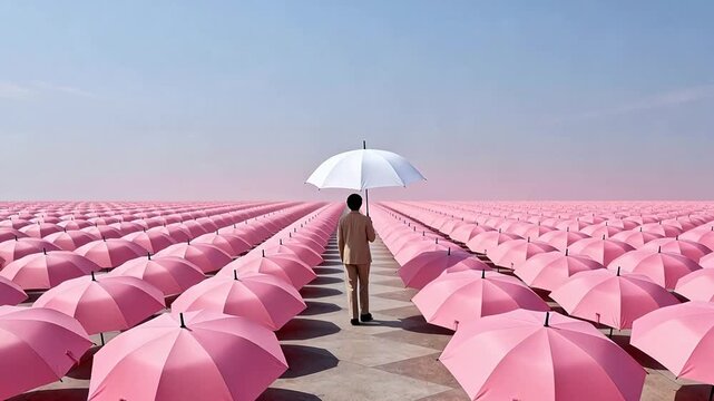 Man walking with white umbrella in pink umbrellas field