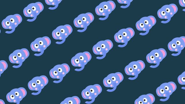 Seamless pattern with adorable elephant faces cartoon on repeating background animation. Flat design cute animal wallpaper for nursery and kids' banner video element concept. Animal character backdrop