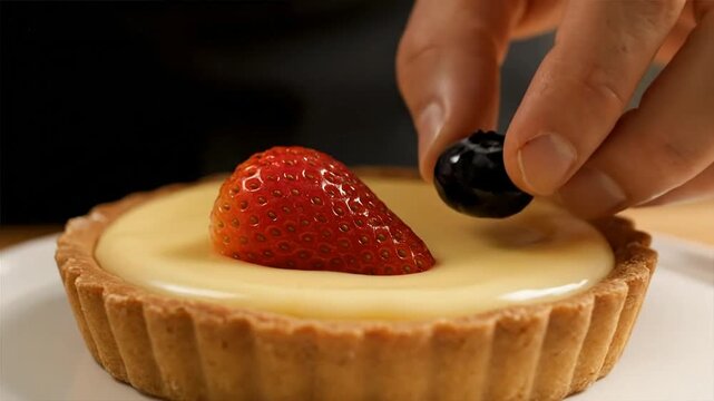 A hand delicately places a blackberry on a strawberry-topped tart on a white plate
