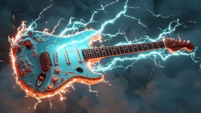 Electric guitar with lightning and flames