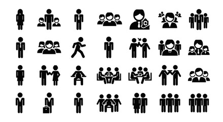 Diverse collection of black silhouette people icons representing various social interactions and groups.