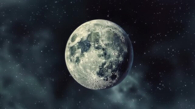 Close up of the moon in space with a detailed surface and nebulae