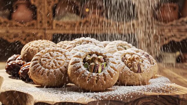 Traditional Maamoul cookies with pistachios and walnuts being sprinkled with powdered sugar on a wooden board. Warm natural light emphasizes the flour texture and intricate pastry patterns. 