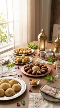 Festive Eid Al-Fitr table with traditional sweets, dates, Arabic coffee, and decorative lantern in warm natural light.