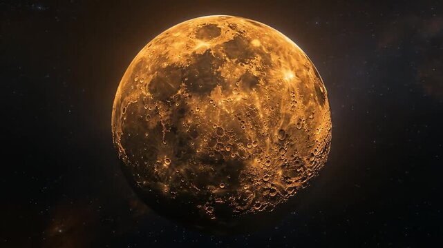 Abstract view of a celestial body with cratered surface and illuminated details