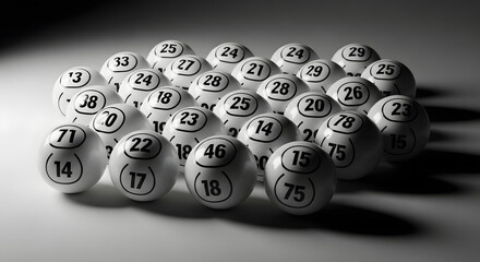 A close-up view of a collection of numbered bingo balls arranged in a pyramid shape