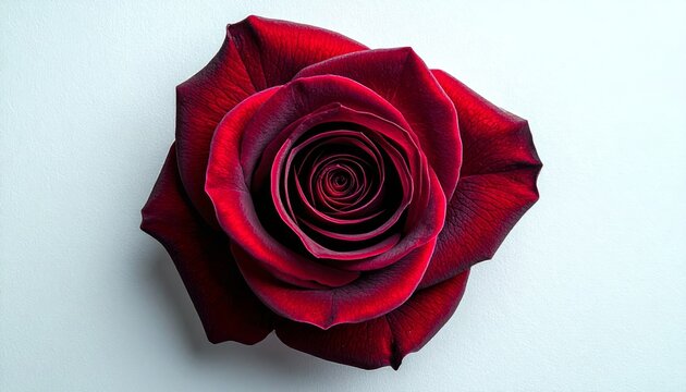 A single dark red rose with tightly wound petals centered on a light background, viewed from above, showcasing its intricate beauty.