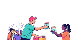 Man and woman exchanging books in a modern minimalist setting with onlookers, vector graphic, flat design, colorful, educational context, people interacting