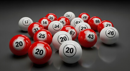 A collection of lottery balls with numbers and colors displayed prominently