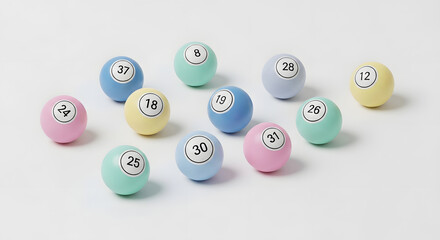 Assorted colored bingo balls with numbers displayed on a white background