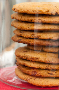Canada, BC, Saltspring Island.  Large organic cookies in glass display jar in coffee shop.