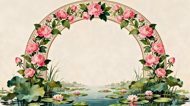 Floral arch over water with lotus