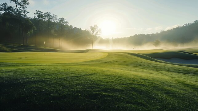 Golden Sunrise over a Misty Green Golf Course Landscape with Early Morning Fog