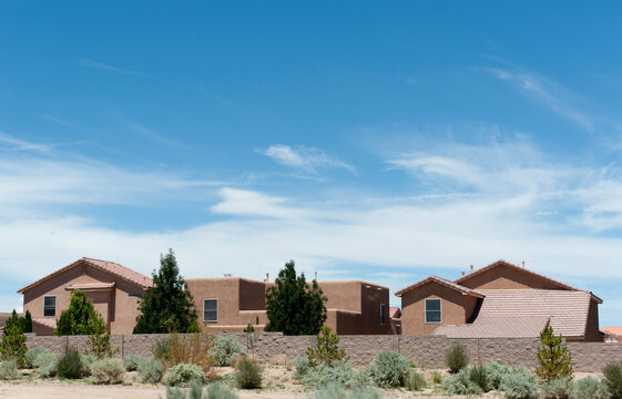 USA, New Mexico, Albuquerque.  Suburban housing beside Interstate 25.