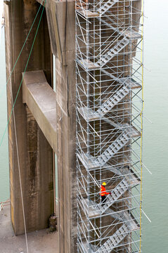 Canada, BC, Surrey.  Temporary construction stairs on the side of Port Mann Bridge 