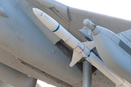 USA, WA, Oak Harbor.  US Naval Air Station Whidbey Island.  Missiles on Grumman A-6 Intruder aircraft, on display at entrance to the base.