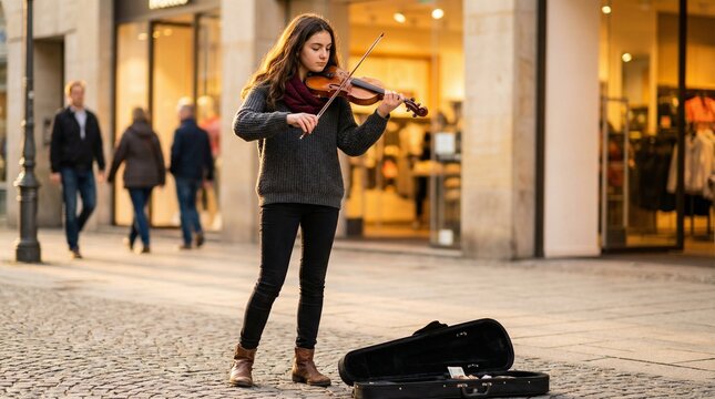 Teen girl playing violin while busking on city street 