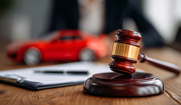 Car accident lawsuit and insurance, Judge hammer and money with car model.