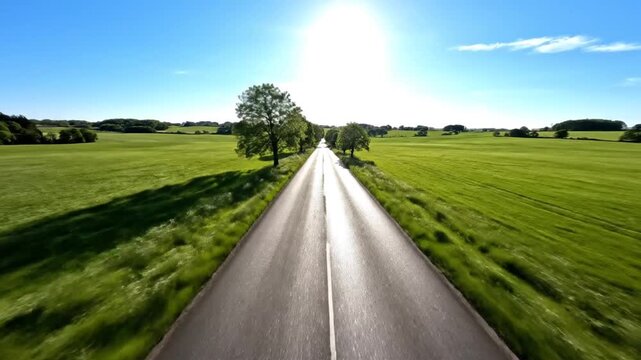 Pastoral asphalt road winding through sunlit green fields and scattered trees