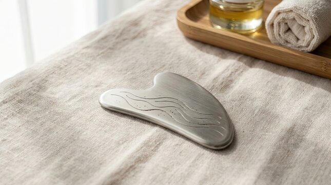 one reusable stainless steel gua sha tool with engraved subtle wave pattern on beige linen cloth