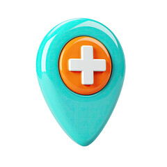 Obraz premium Glossy, colorful map pointer with a white cross on an orange circle, isolated