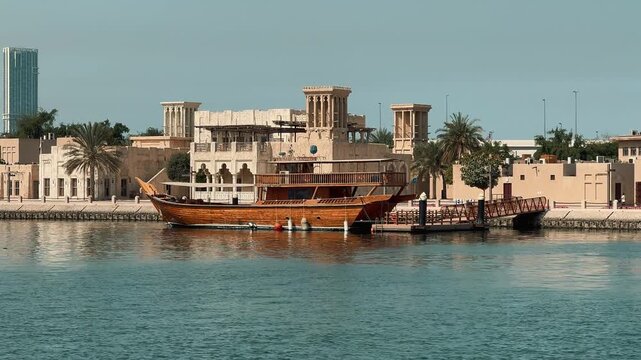 A slow pan shot of traditional wooden dhow boats docked at a pier on Dubai Creek, set against the impressive modern skyline of downtown Dubai, United Arab Emirates.

