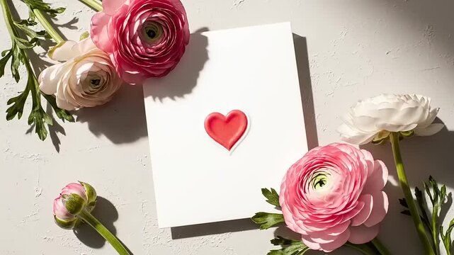 Elegant white card adorned with a vibrant red heart, surrounded by delicate pink and white ranunculus flowers, perfect for expressing love and heartfelt sentiments on special occasions
