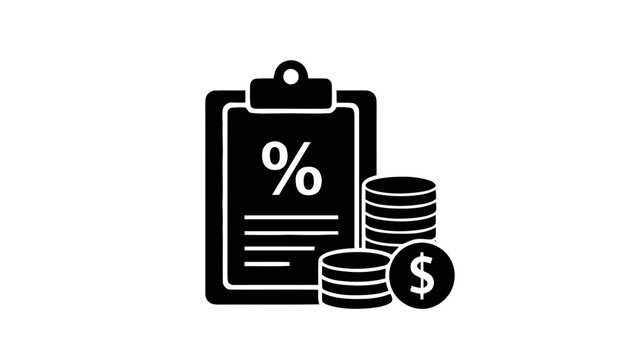 Vector illustration&nbsp;of interest rate calculation and savings concept with percentage sign on clipboard and stacks of coins featuring dollar symbol on a transparent background