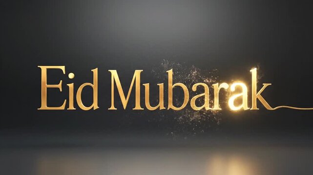 Elegant golden 'Eid Mubarak' greeting message animated with shimmering particles and digital motion graphics, ideal for celebrating Islamic festivals like Ramadan, Eid al-Fitr, and Eid al-Adha.