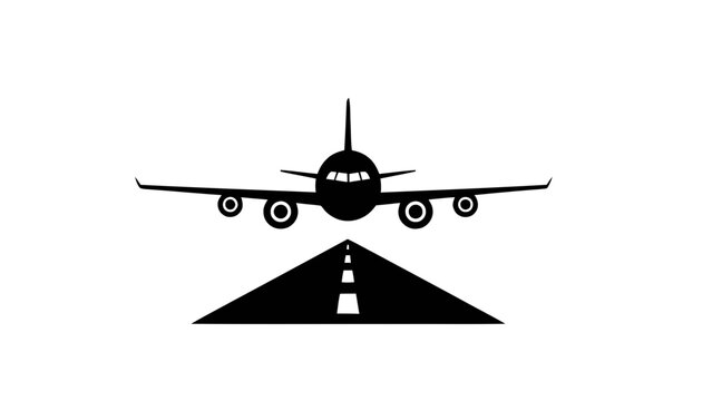 Vector illustration&nbsp;of airplane approaching runway for landing, front view silhouette icon of commercial jet aircraft flying towards airport strip on a transparent background