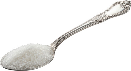 A decorative silver spoon filled with granulated white sugar its handle ornate with engraved floral patterns granulated sugar sweet sweetener dessert ingredient transparent background