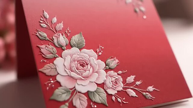 Beautifully crafted red card adorned with delicate 3D pink rose designs and elegant floral accents, ideal for invitations or heartfelt greetings on special occasions