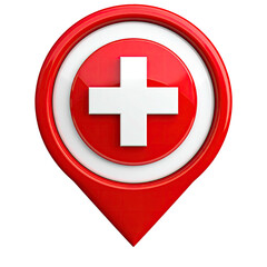 Glossy red map marker with a white cross in the center, indicating a medical location