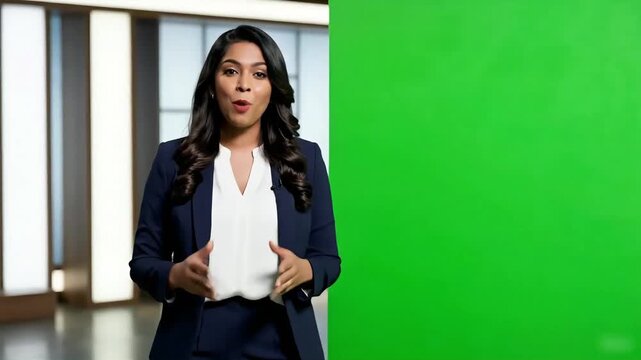 Woman Presenter Green Screen Studio Background Talking News.