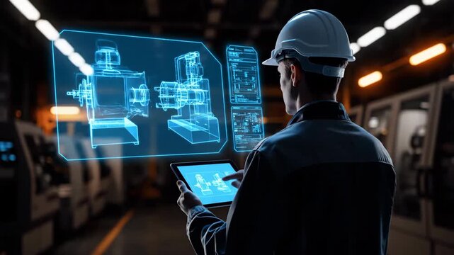 An engineer wearing a hard hat uses a digital tablet to view holographic schematics of machinery within a factory setting. The display shows glowing blue lines representing complex equipment.