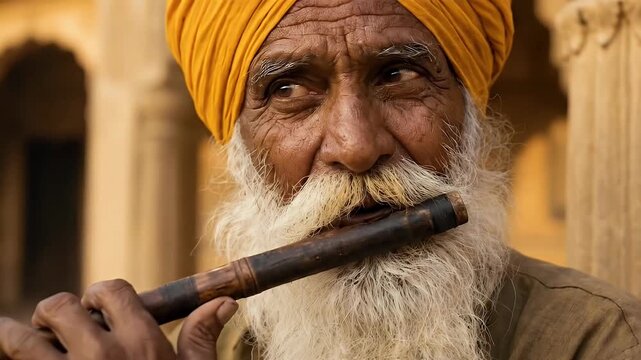 Detail view of an old indian musician playing a wooden flute wearing a traditional yellow turban