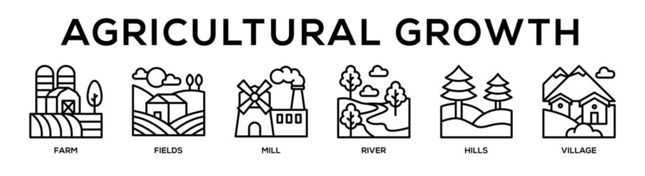Jungle, Forest, Volcano, Mountain, River, Canyon web banner icon vector illustration concept for business with icon of Farm, Fields, Mill, River, Hills,.