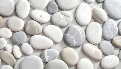 Smooth White and Gray River Stones Scattered on a Light Gray Surface