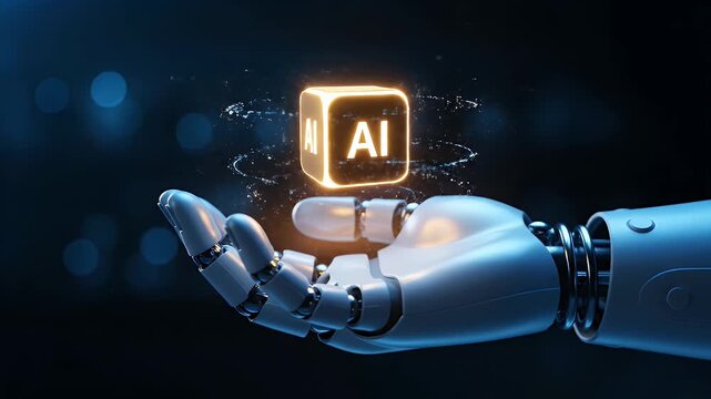 Robotic hand holding glowing AI cube symbolizing artificial intelligence future.