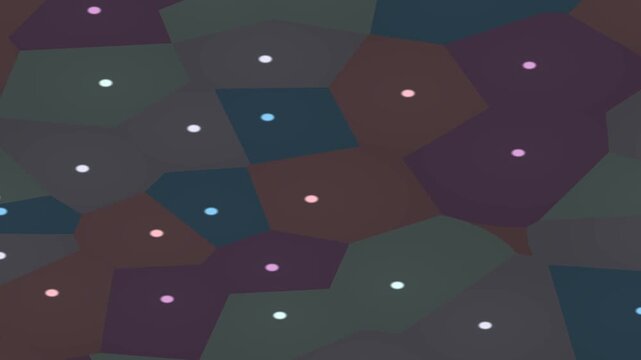 Abstract Voronoi Diagram with Scattered White Dots on a Dark Polychromatic Background.