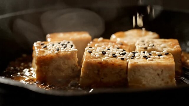 Searing tofu cubes with sesame seeds in a hot pan