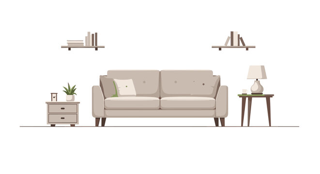 A modern living room setup features a light grey two-seater sofa flanked by side tables, a lamp, a plant, and wall shelves with books.