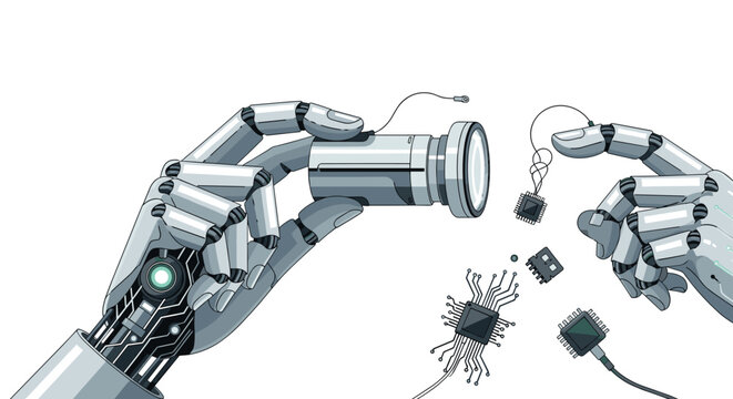 Two robotic hands holding camera lens part and various microchips for assembly on a white background.