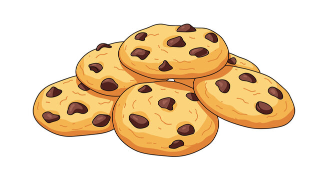 A tempting pile of classic round chocolate chip cookies with irregular chips grouped on a white background.