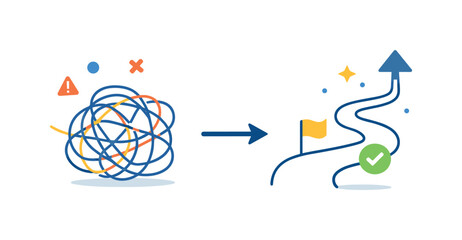 Strategic simplification and reducing decision overload in complex workflows, a tangled cluster of abstract elements resolved into one clear path symbolizing clarity, confidence,