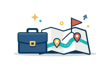 Career goal mapping and intentional professional growth planning, a roadmap paired with a briefcase and a small flag symbolizing direction and achievable milestones, confidence,