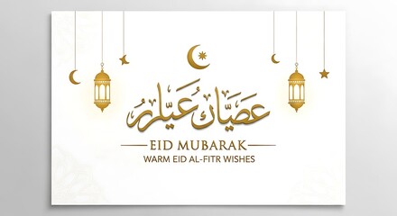 Golden Eid Mubarak calligraphy with lanterns and crescent on white